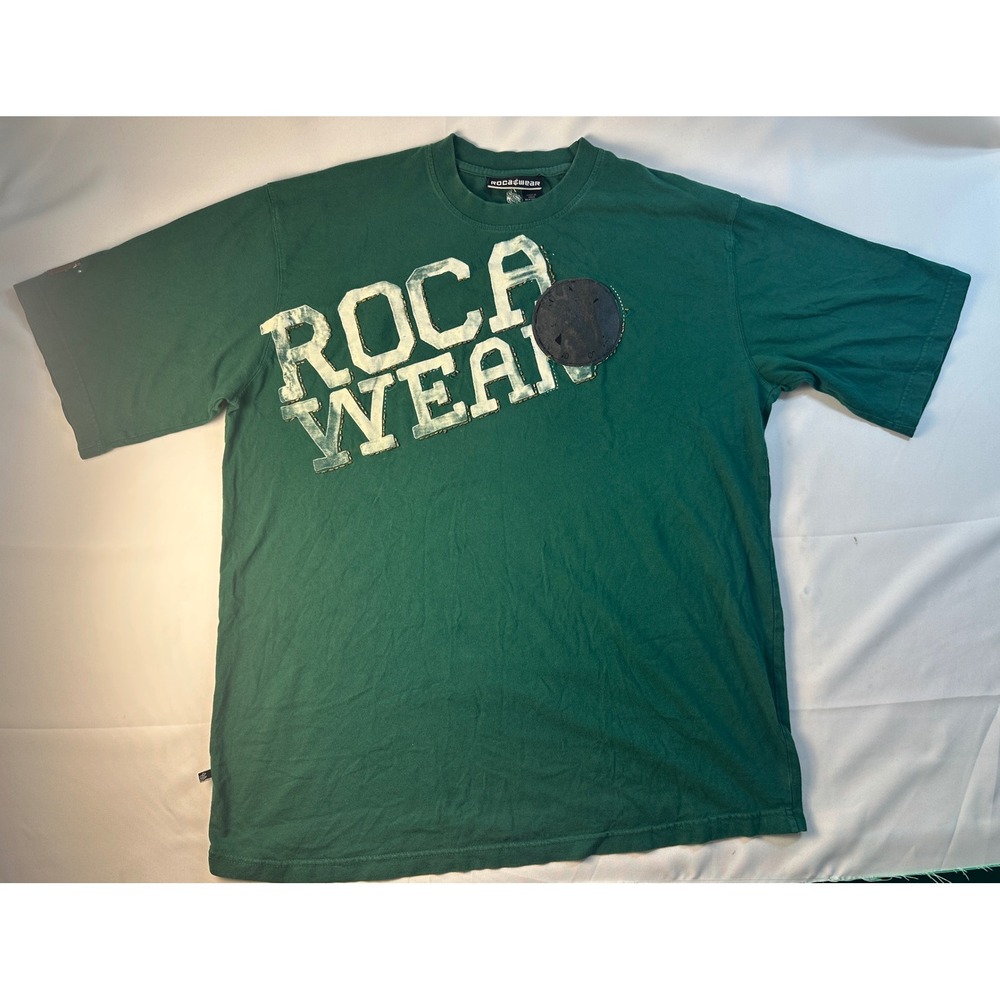 VINTAGE Y2K Rocawear T-Shirt Mens XL Green ROC-A-FELLA Embroidered Patch Hip Hop